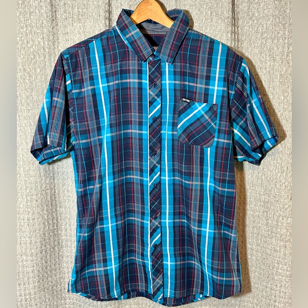 Zoo York Men’s Button Up Short Sleeve Shirt Large Blue Plaid Skate Surf Casual